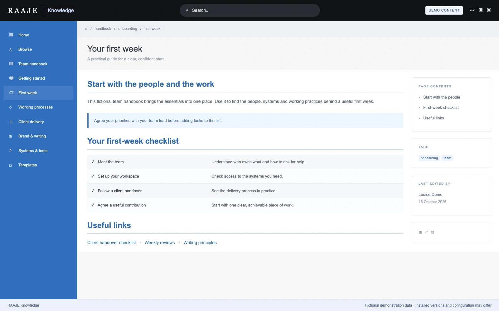 Illustrative RAAJE Knowledge interface with fictional demonstration data