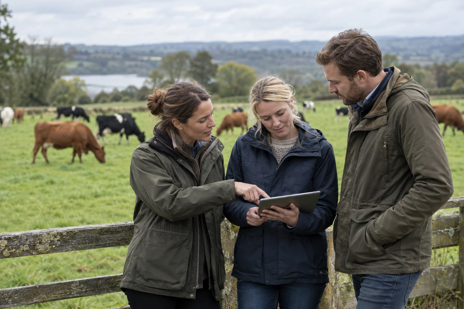 Illustrative agricultural advisers reviewing a tablet