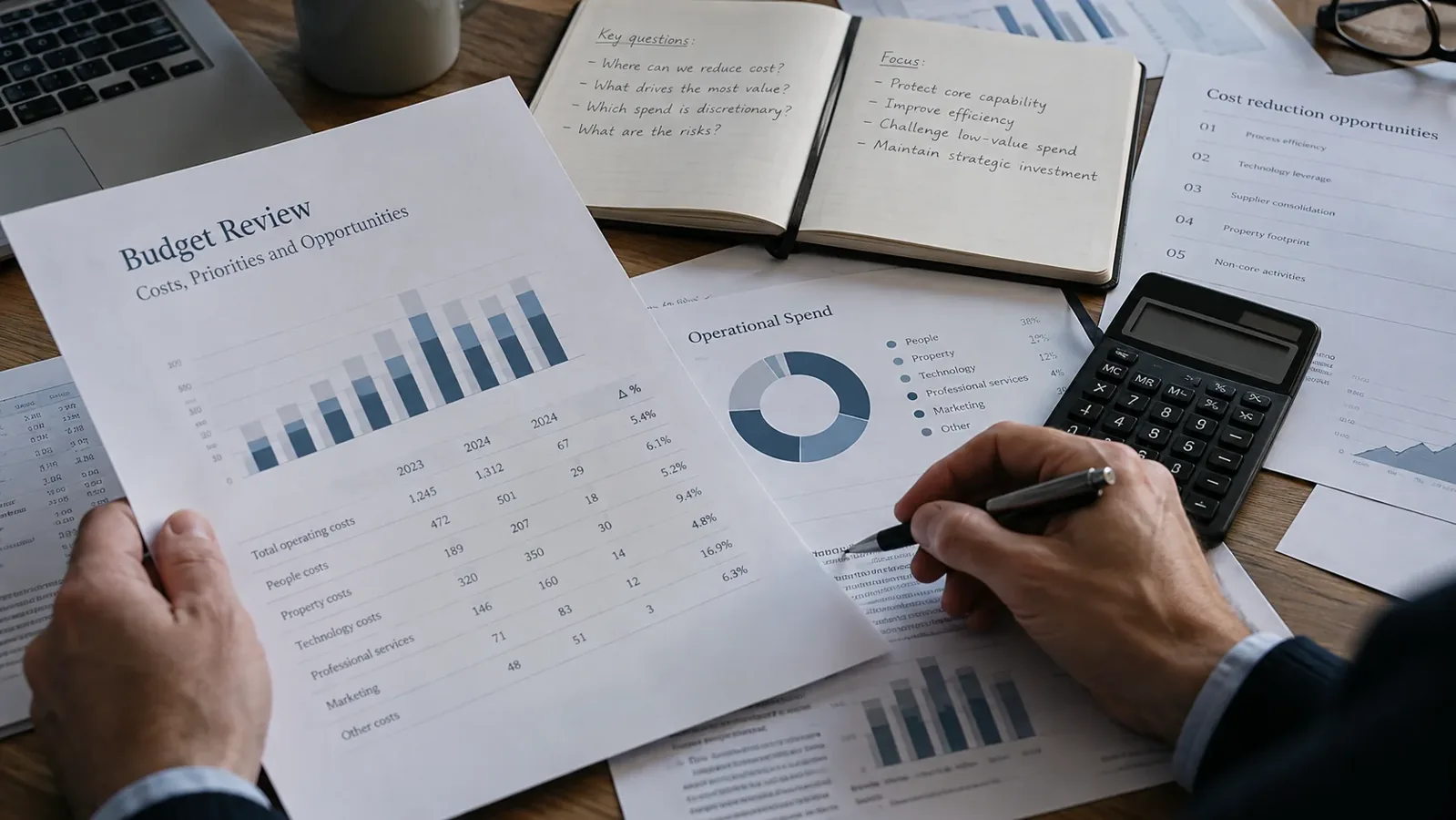 Hands comparing printed budget reviews and operational spending documents at a desk