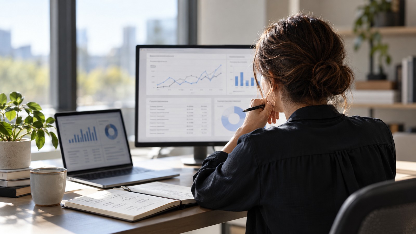 Business professional reviewing performance data before choosing which constraint to address
