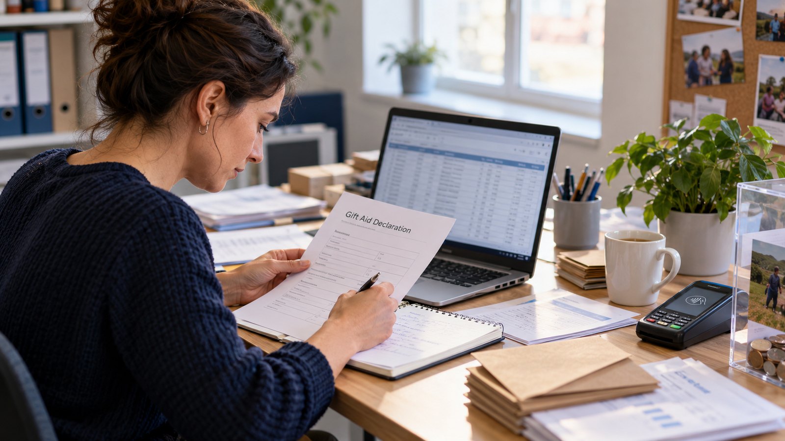 Charity administrator reviewing a Gift Aid declaration alongside donation records and supporter data.