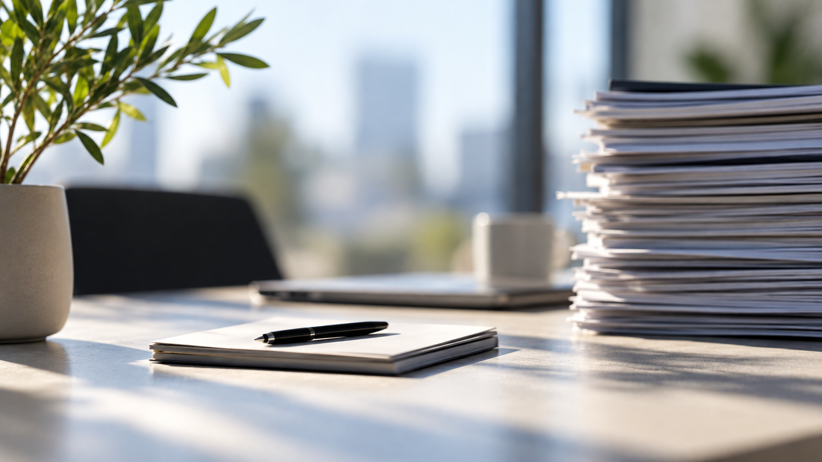Notebook and pen beside a large stack of documents in a bright office, representing human judgement amid content abundance