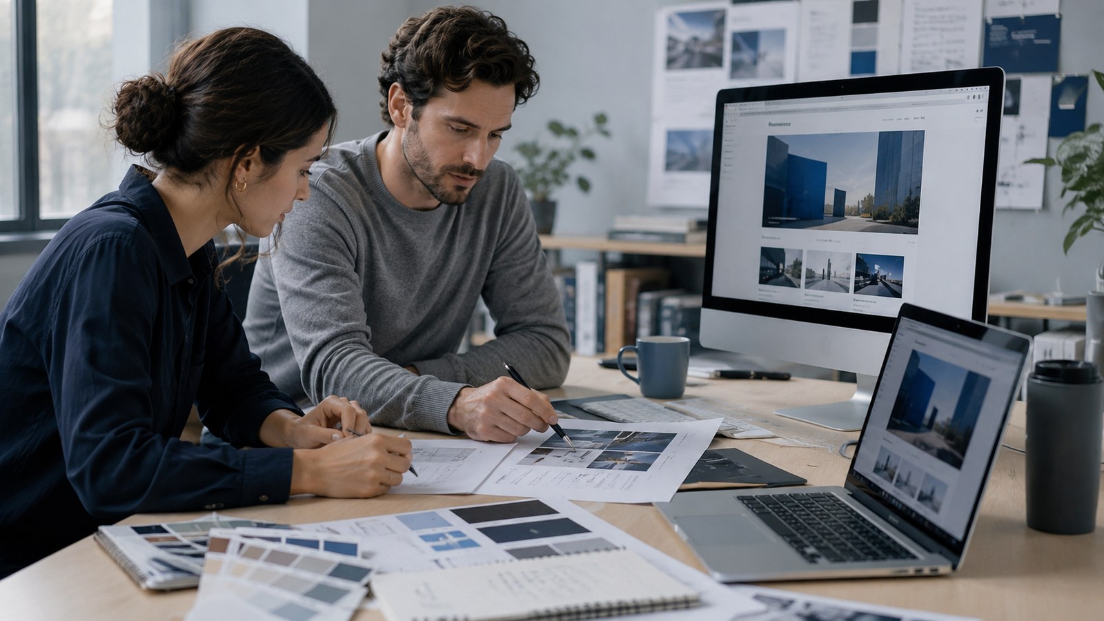 Creative team reviewing a website and visual design assets together