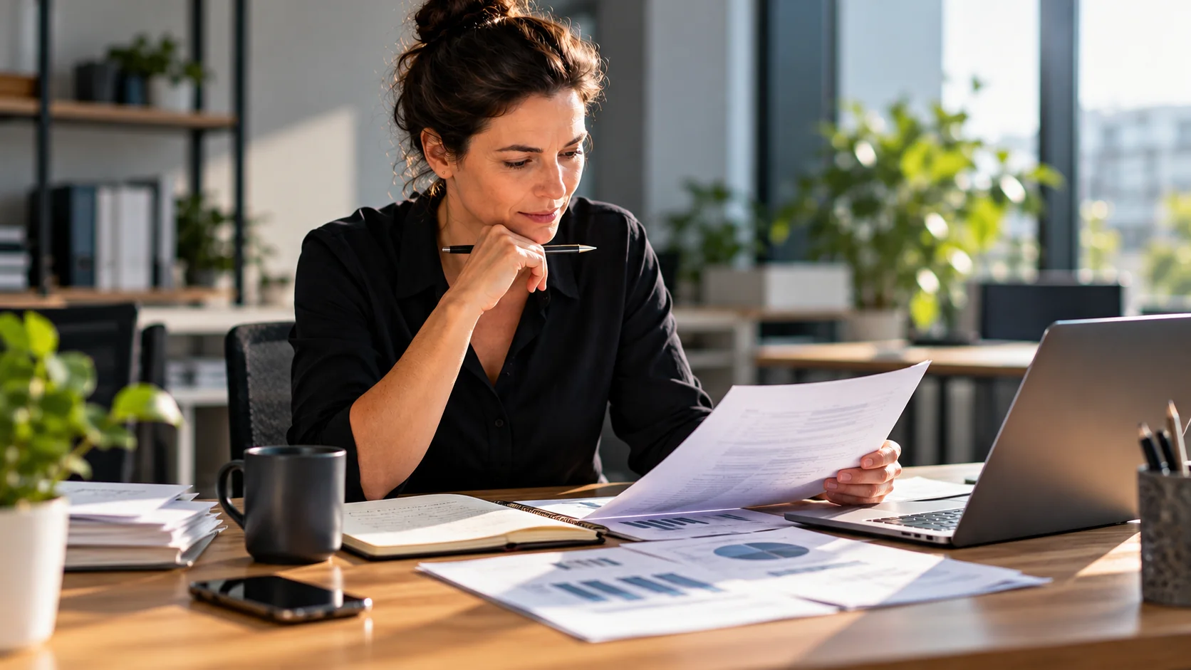 Thoughtful operations manager reviewing work and financial documents in a naturally lit office