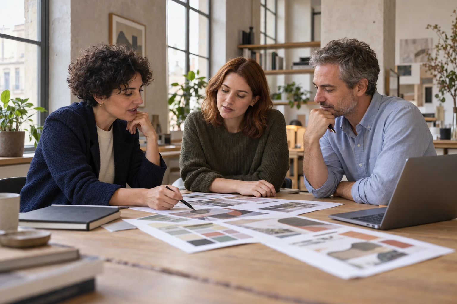 Illustrative scene of three professionals collaborating in a European agency studio