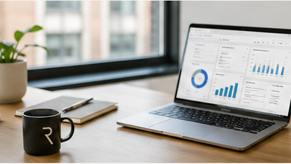 Laptop showing business dashboards on a desk beside a notebook and coffee mug