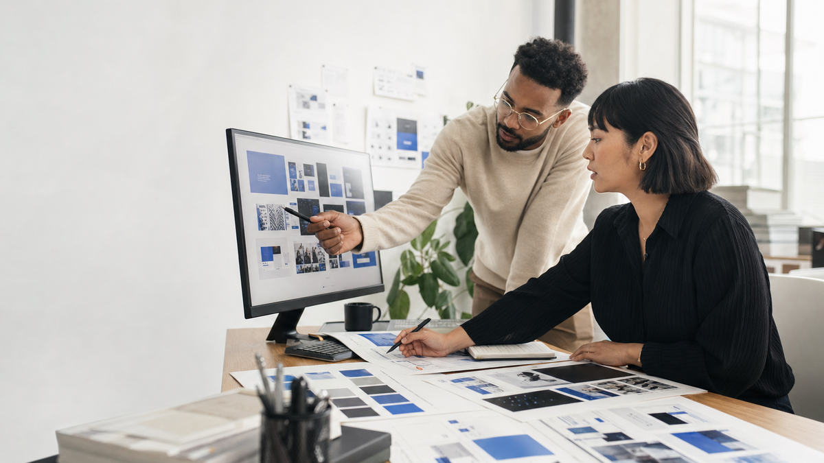 Creative team reviewing brand and interface designs on a large monitor