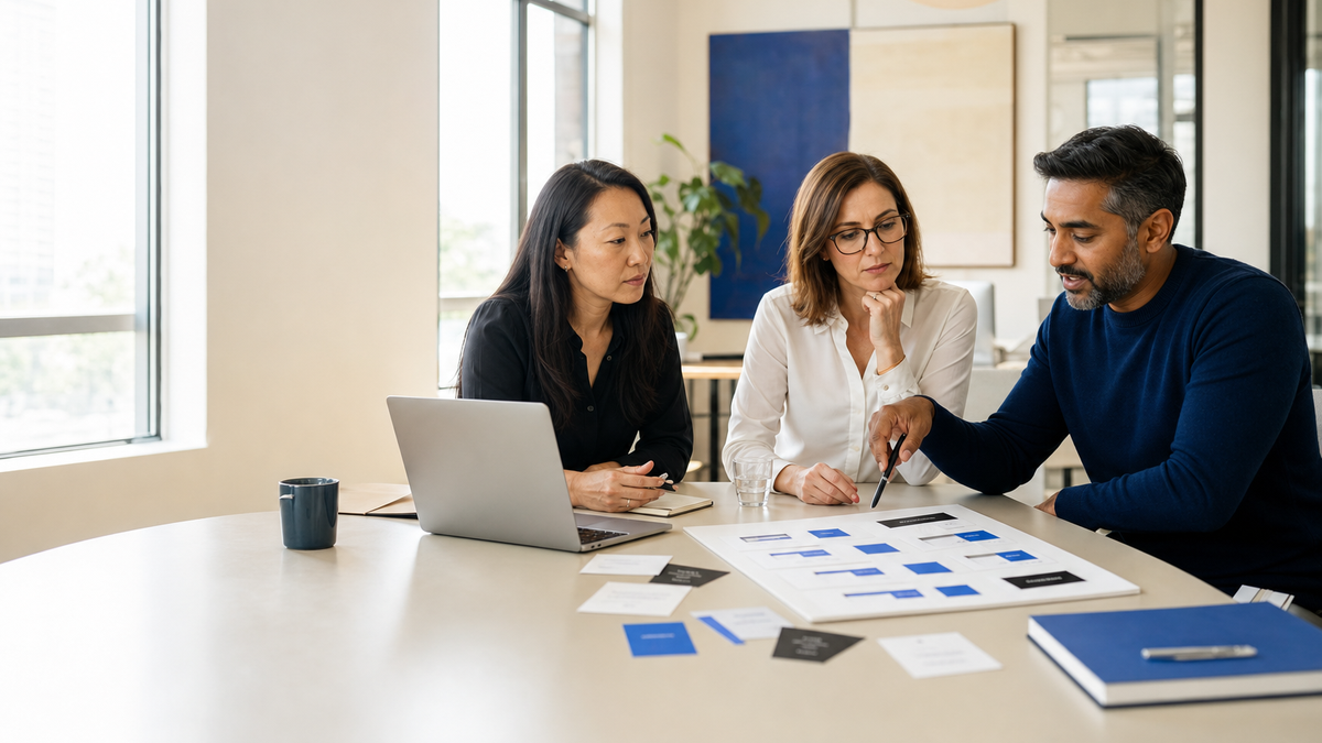 Business team comparing a workflow and technology plan around a meeting table