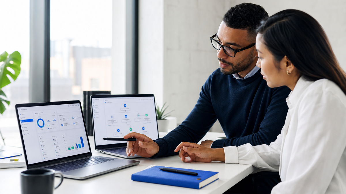 Colleagues reviewing customer and marketing dashboards on two computer screens
