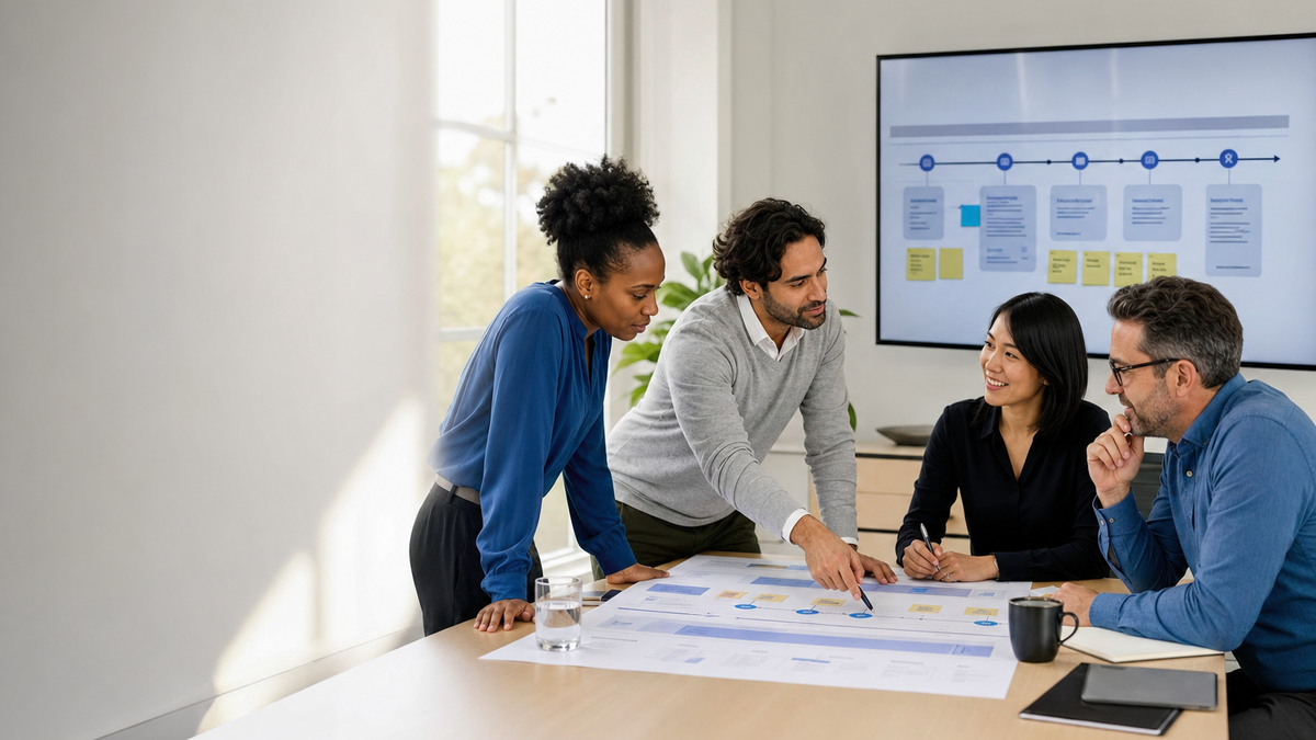 Cross-functional team mapping a customer journey during a working session