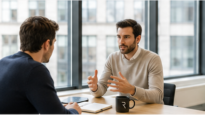 Two business colleagues discussing customer follow-up in a bright office