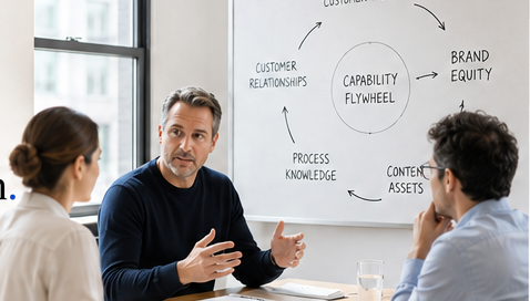 Business team discussing a capability model in front of a whiteboard